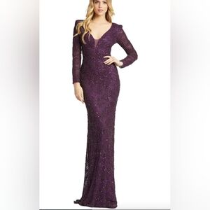 MAC DUGGAL 5177 BEADED ILLUSIONS PLUNGE NECK LONG SLEEVE PLUM GOWN